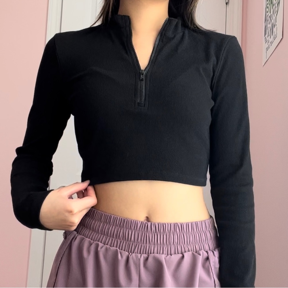 Shein Black Quarter Zip Long-Sleeve Ribbed Top